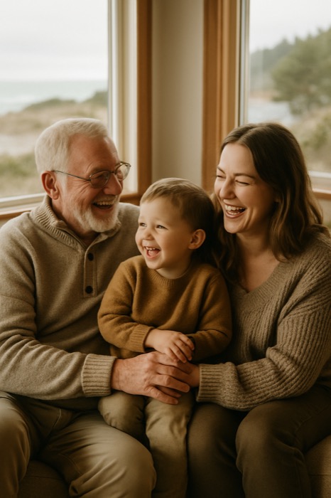 A happy multigenerational family at home on the Oregon coast